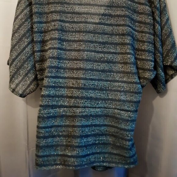 New Metallic Sheer Crochet Draped top L Blue Gold Green stripe Zippered waistban - Picture 6 of 10